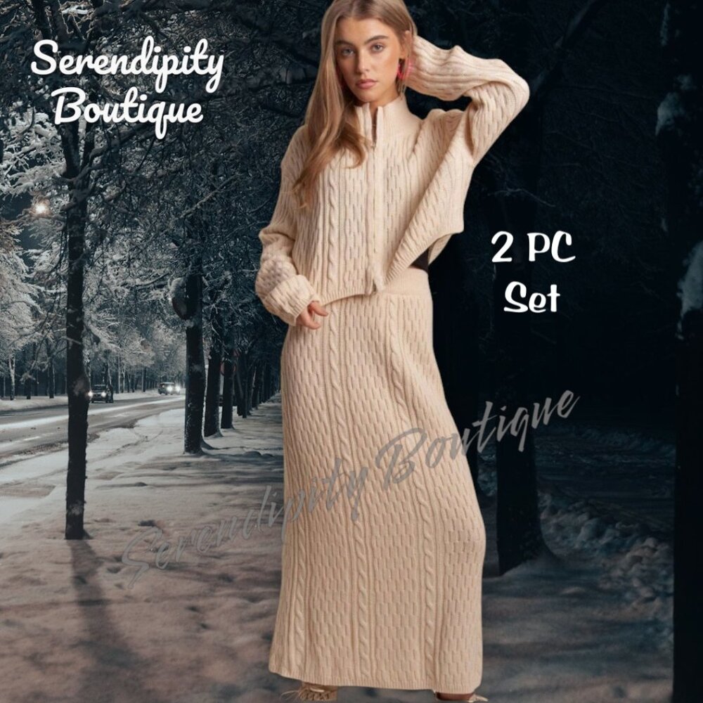 Snuggle Comfy High Neck Long Sleeve Zip Up Cardigan Maxi Skirt Sweater Set